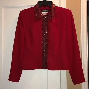 Red Zip Up Jacket with Leather Collar Size 10